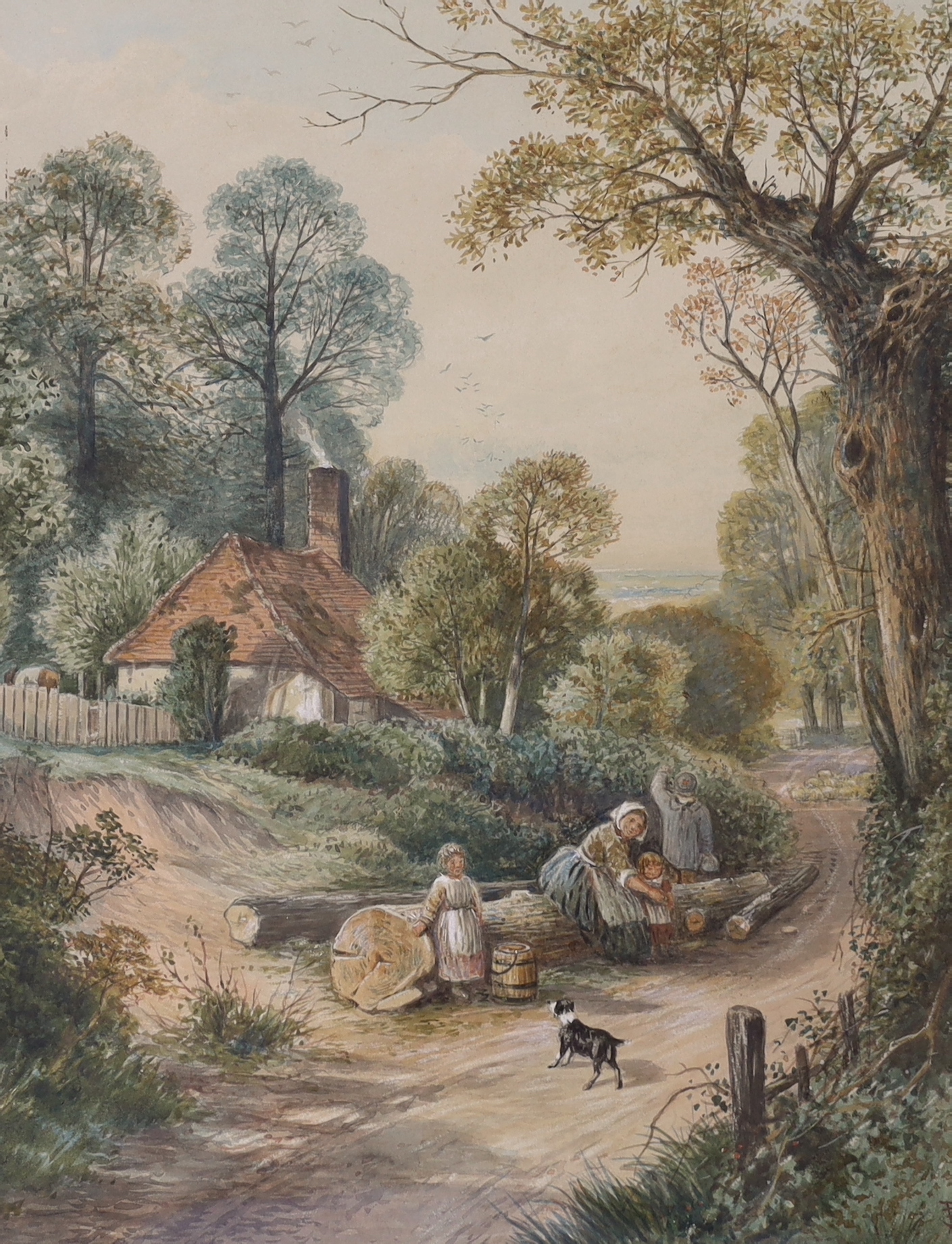 After Myles Birket Foster RWS (1825-1899), watercolour, Figures on a country pathway, monogrammed, 36 x 27cm